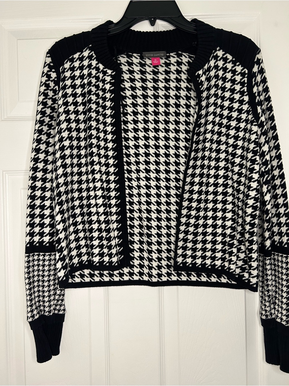 Vince Camuto Black & White Houndstooth Open Cardigan Sweater